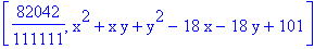 [82042/111111, x^2+x*y+y^2-18*x-18*y+101]